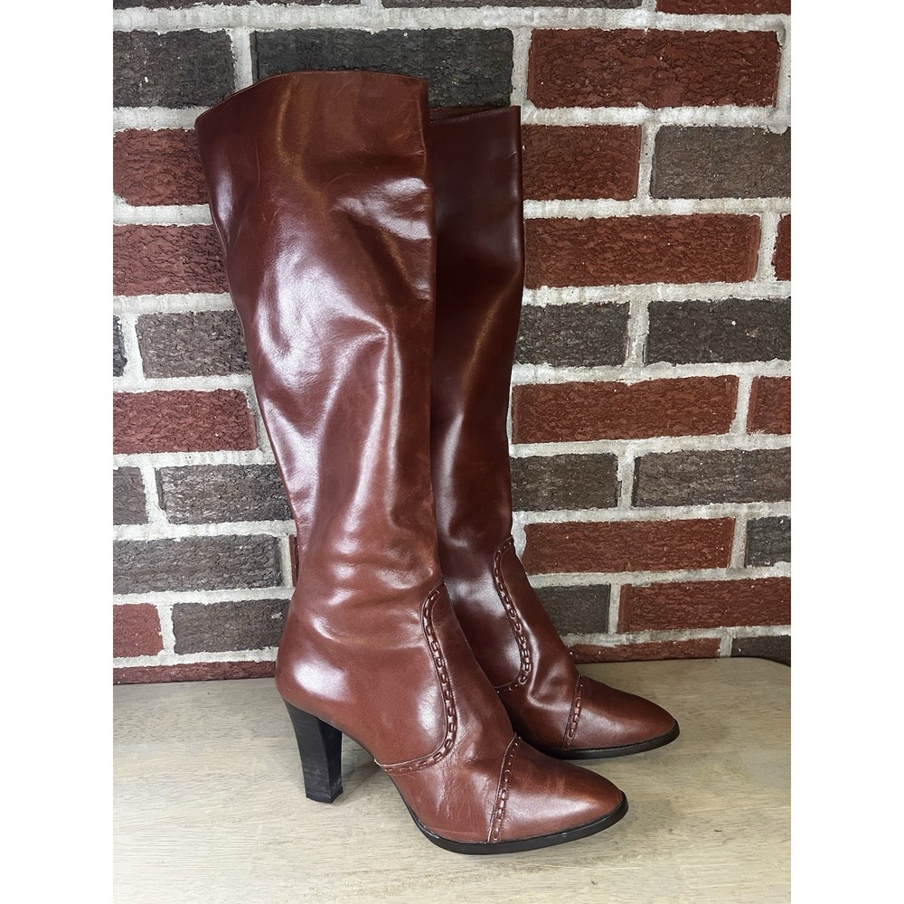 Vtg SJA Made in Spain 1970s Brown/Red Leather Knee High Stacked Heel Boots Sz 39
